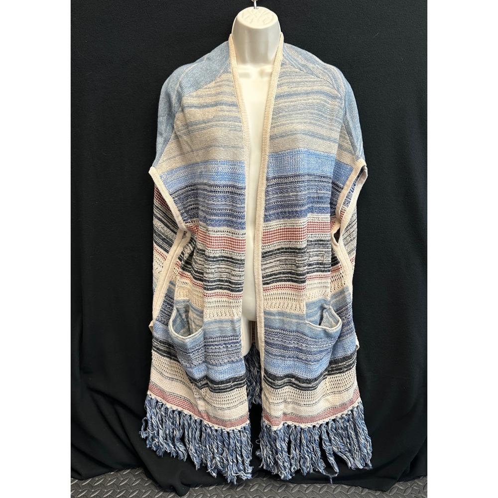 Liverpool Los Angeles Blue Multi Stripe Fringe Poncho Vest M/L LM8864SW84